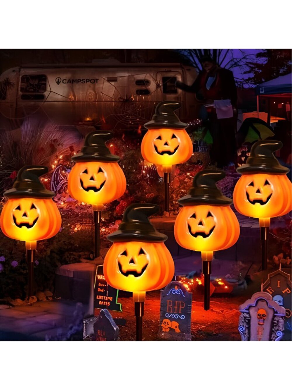 6 Pack Solar Jack O Lantern Stake String Lights - Orange Halloween Pathway